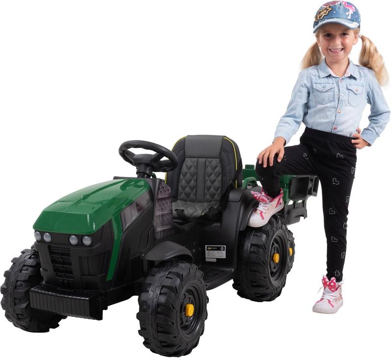 Elektro-Kindertraktor mit Anhänger, Staufach & Schaufel, Fernbedienung, 2 Motoren 90 Watt, Ledersitz Elektro-Kindertraktor mit Anhänger, Staufach & Schaufel, Fernbedienung, 2 Motoren 90 Watt, Ledersitz