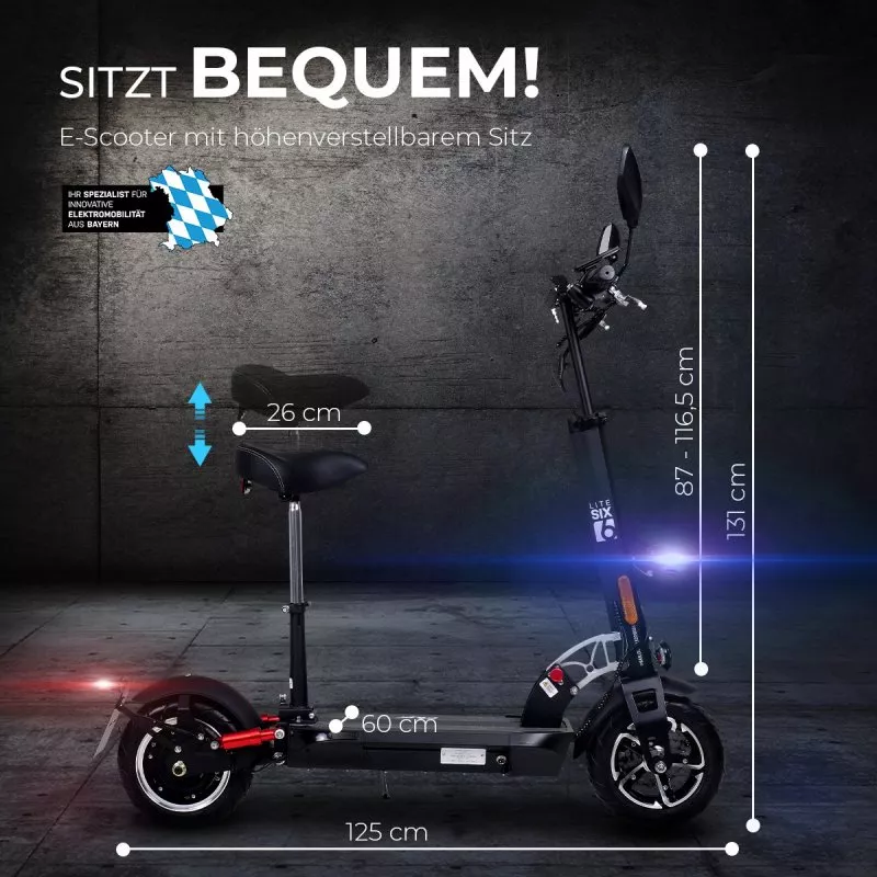 eFlux Lite Six E-Scooter 1000 Watt mit Straßenzulassung, 40 km/h, verstellbarer Sitz, Lithium-Akku eFlux Lite Six E-Scooter 1000 Watt mit Straßenzulassung, 40 km/h, verstellbarer Sitz, Lithium-Akku