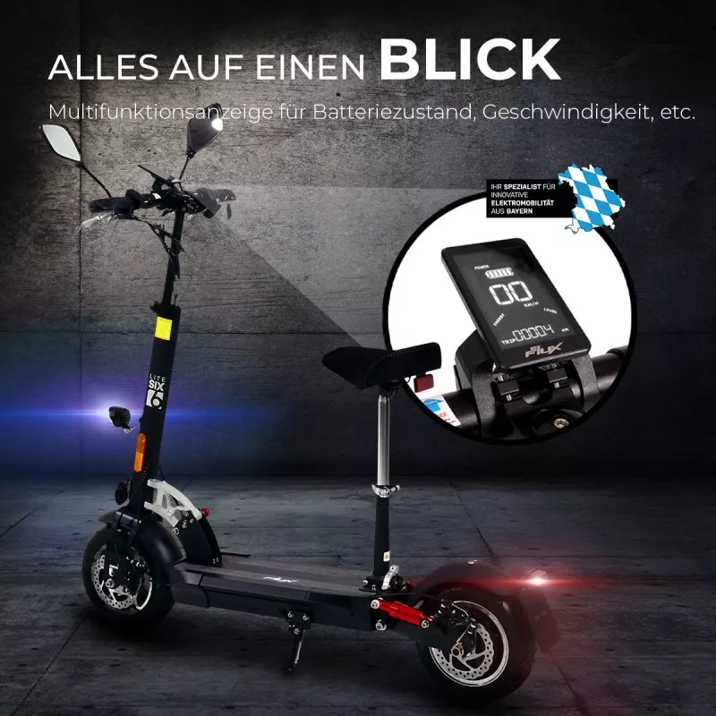 eFlux Lite Six E-Scooter 1000 Watt mit Straßenzulassung, 40 km/h, verstellbarer Sitz, Lithium-Akku eFlux Lite Six E-Scooter 1000 Watt mit Straßenzulassung, 40 km/h, verstellbarer Sitz, Lithium-Akku