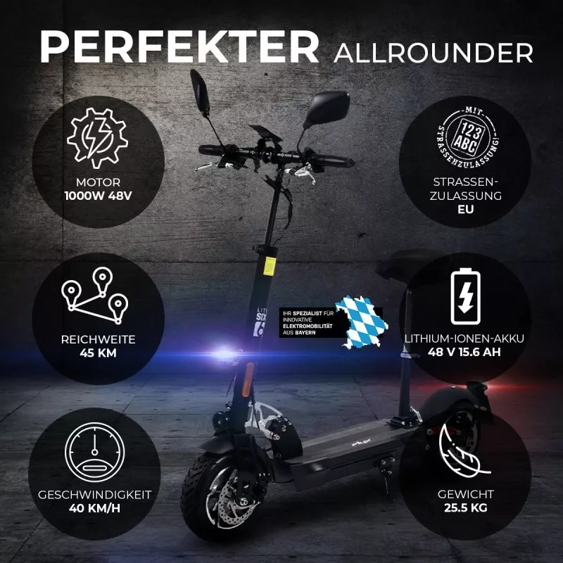 eFlux Lite Six E-Scooter 1000 Watt mit Straßenzulassung, 40 km/h, verstellbarer Sitz, Lithium-Akku eFlux Lite Six E-Scooter 1000 Watt mit Straßenzulassung, 40 km/h, verstellbarer Sitz, Lithium-Akku