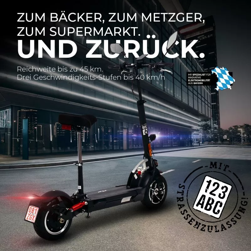 eFlux Lite Six E-Scooter 1000 Watt mit Straßenzulassung, 40 km/h, verstellbarer Sitz, Lithium-Akku eFlux Lite Six E-Scooter 1000 Watt mit Straßenzulassung, 40 km/h, verstellbarer Sitz, Lithium-Akku