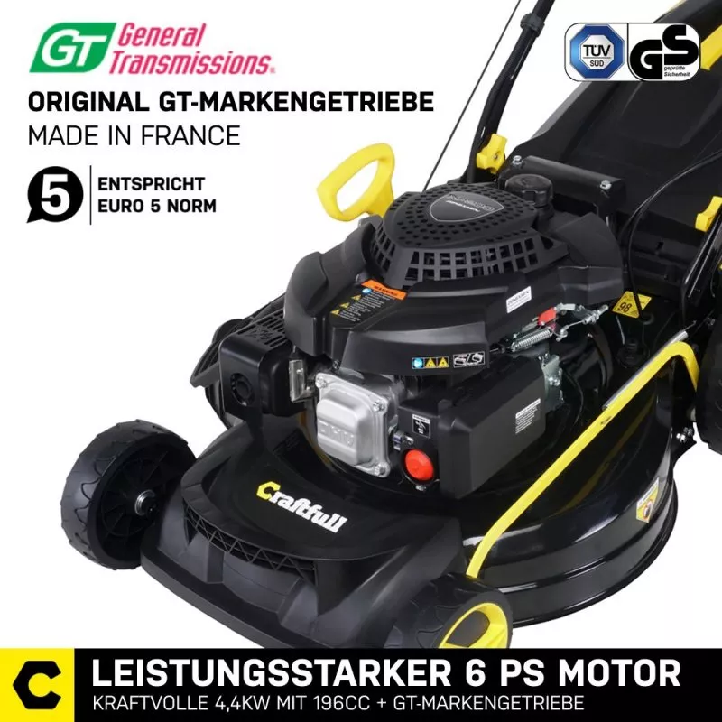 Craftfull Benzin Premium Rasenmäher CR-196-10E 5in1 E-Start 196cc Motor 4,4 Kw GT Markengetriebe 53c Craftfull Benzin Premium Rasenmäher CR-196-10E 5in1 E-Start 196cc Motor 4,4 Kw GT Markengetriebe 53c